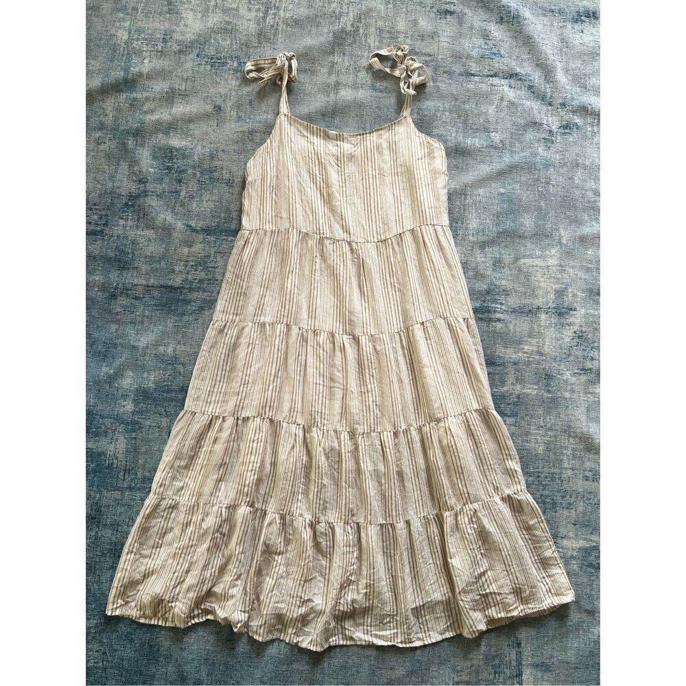 Caslon Ivory Khaki Stripe Tie Shoulder Tiered Sundress Size 1X - Picture 2 of 11